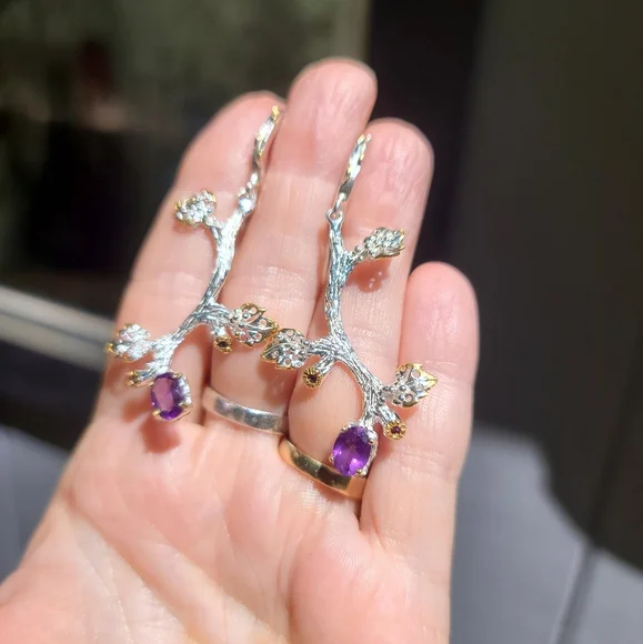 Amethyst & Sapphire floral sterling & gold dramatic earrings - Picture 6 of 6